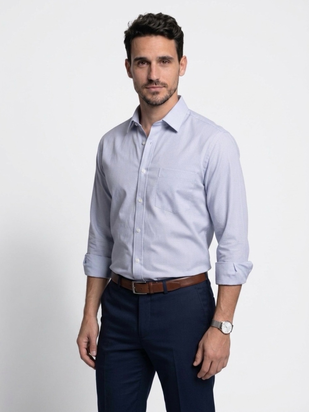 Roundtree & Yorke Dress Shirt Mens 17.5 34/35 Blue Solid Non-Iron